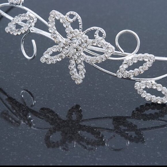 Rhodium Plated Crystal Butterfly Floral Tiara Headband for Weddings Proms main image 4